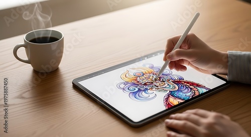 Digital art creation a hand using a stylus on a tablet with a coffee cup nearby