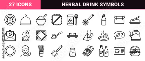 Minimalist tea party and herbal drink line icon set