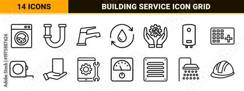 Plumbing and home repair line icons with tools and water fixtures.