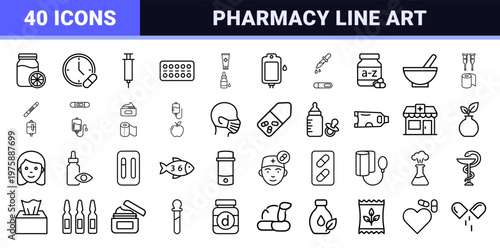 Healthcare and pharmacy line icons with medical equipment