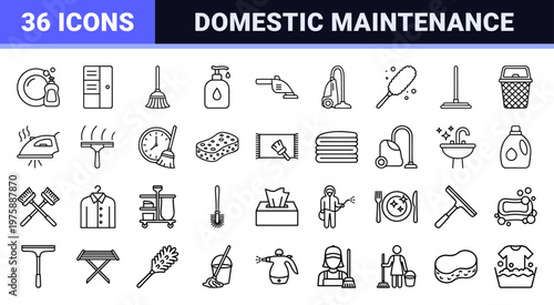 Minimalist house cleaning and laundry service icon set