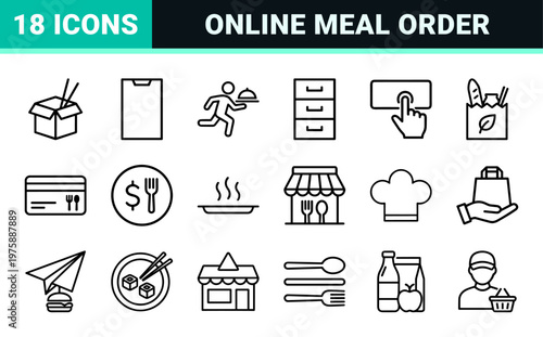 Minimalist food delivery and restaurant service outline icon set