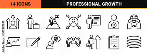 Professional career growth and business leadership minimalist outline icon set