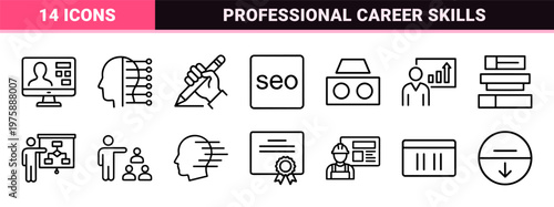 Technical hard skills and professional expertise outline icon set