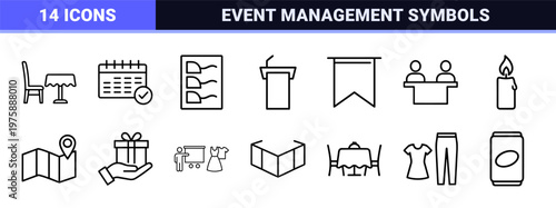 Event planning and party celebration minimalist outline icon set