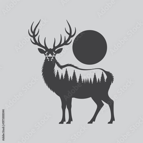 Deer with integrated forest landscape silhouette and large antlers, moon