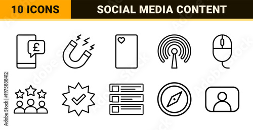 Minimalist digital marketing and social media influencer line icon set