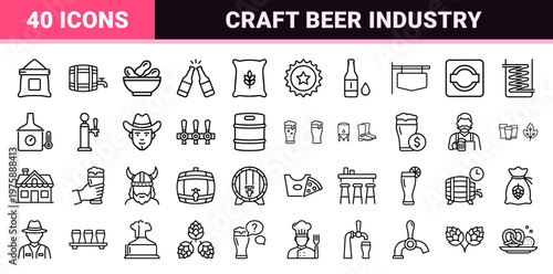 Brewery and craft beer line icon set with hop, keg, and glassware