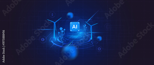 AI Green Energy Wind Turbine Technology Blue Background