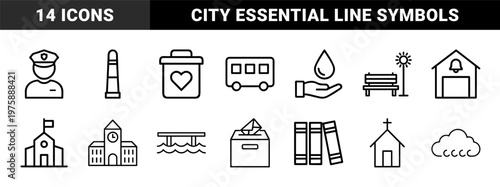 Minimalist public service and city infrastructure line icon set