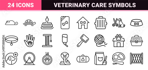 Pet care and veterinary thin line icons for animal welfare services