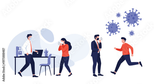 Employees in a modern office following health protocols by wearing masks while others distance themselves from symptoms.