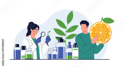 Two scientists in a laboratory developing natural cosmetic products using organic ingredients like plants and orange extracts.