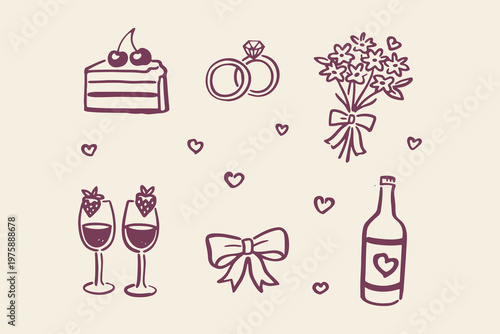 Romantic wedding doodle icon set hand drawn vector illustration