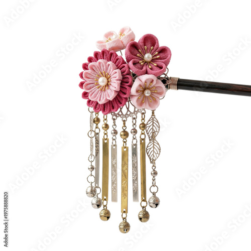 Fotografía Traditional Japanese kanzashi hairpin with pink silk flowers and bells