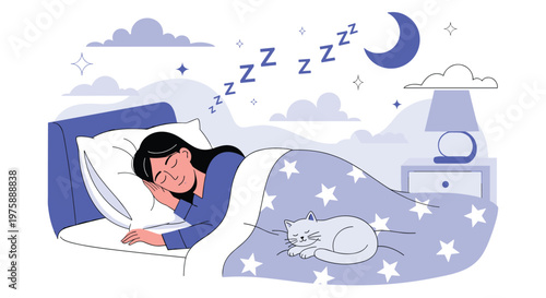 Woman sleeping soundly in her bed at night with her cat resting peacefully on the starry blanket.