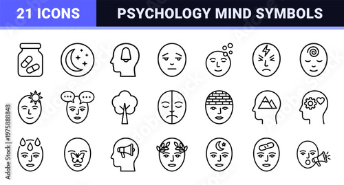 Psychology and mental health line icon set for therapy and counseling