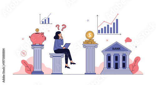Woman sitting on a classical column thinking about her financial options between a piggy bank and a real bank.