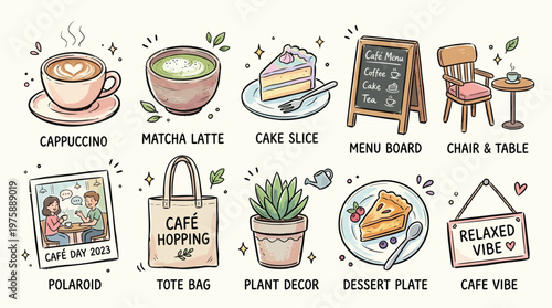 A charming collection of hand-drawn cafe-themed illustrations featuring popular drinks, delicious desserts, cozy decor, and essential cafe items.