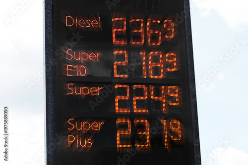 Gas prices on filling station sign in Germany. Diesel and super fuel price explosion symbolized by zoom effect.