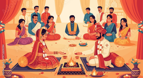 Traditional Indian Wedding Ceremony with Bride and Groom Performing Sacred Rituals