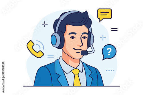 Customer Support Agent Illustration, Call Center Service Communication Vector