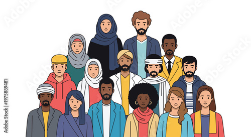 Large group of multiethnic people standing together in a diverse community representing equality and global inclusion.