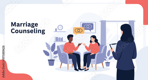 Couple attending a marriage counseling session with a professional therapist to discuss their relationship and future.