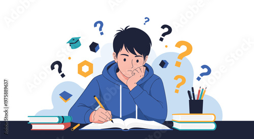 Thoughtful young student sitting at a desk with books and pencils while feeling confused about complex study topics.