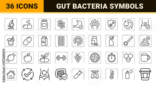 Digestive health and probiotic minimalist line icon set