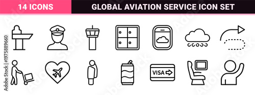 Airport and air travel minimalist outline icon set