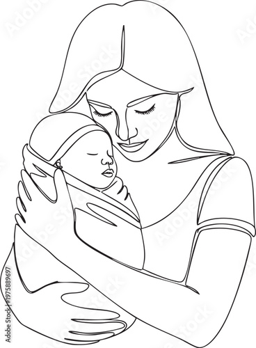 Mother cuddling newborn baby in swaddle continuous line art with minimalist
