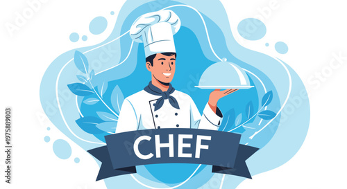 Professional male chef in white uniform and hat holding a silver cloche platter against a blue background with leaves.