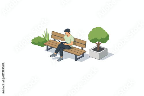 Isometric vector person reading on a bench in a courtyard
