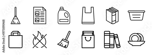 Minimalist recycling and household waste management icon set