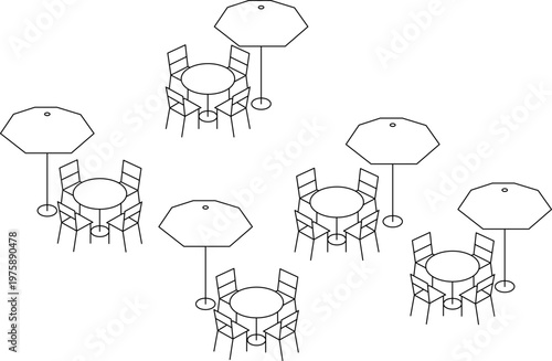 Line Art Isometric Cafe Veranda Furniture Set Outdoor Seating Outline.