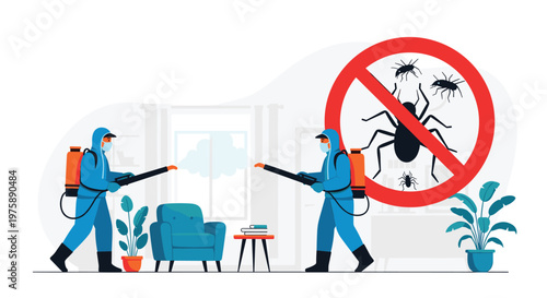 Professional pest control team in blue hazmat suits spraying a room to eliminate insects and ensure home sanitation.