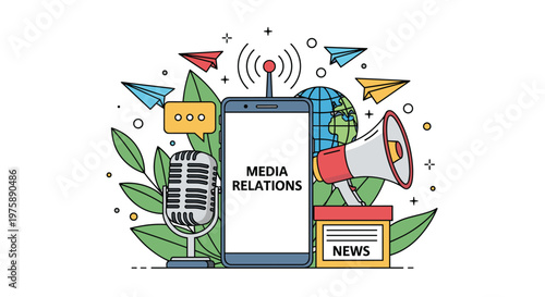 Modern smartphone surrounded by media relations icons like microphones, megaphones, paper planes, and small news boxes.
