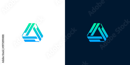Abstract geometric triangle logo design in blue and green gradient on white and dark backgrounds