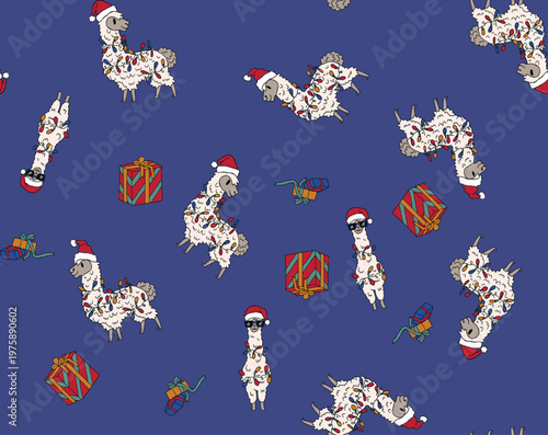 Seamless pattern of cute Christmas llama in santa hat on blue background