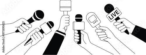 News reporting scene microphones vector illustration.