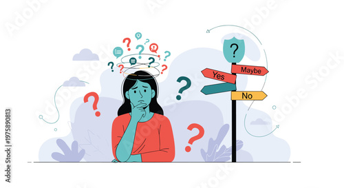 Confused woman standing at a crossroads signpost with signs for yes, no, and maybe while feeling overwhelmed by choice.