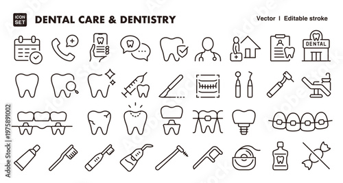 Dental Care and Dentistry Icon Set – Editable Line Style
