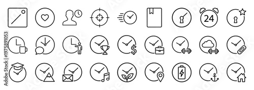 Black and white time management and clock line icon set