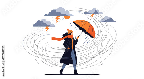 Determined woman in a winter coat and orange scarf walks through a heavy rainstorm with lightning and strong wind.