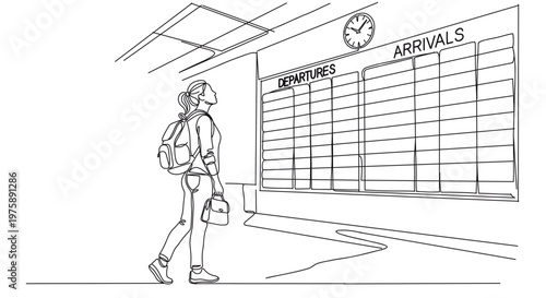 Minimal line art illustration of a woman checking departures and arrivals board at airport. Travel and journey concept perfect for tourism and business design