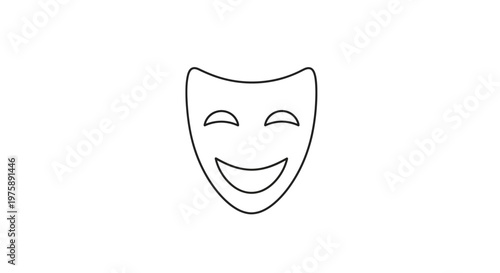 Simple line drawing of a smiling theatrical mask on a white background.