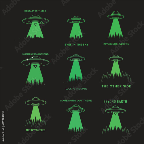 Nine variations of a classic ufo design on a dark background t shirt design