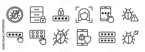 Cyber security and digital protection minimalist outline icon set