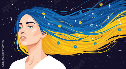Portrait of a woman with long flowing hair in the colors of the Ukrainian flag set against a starry cosmic background.